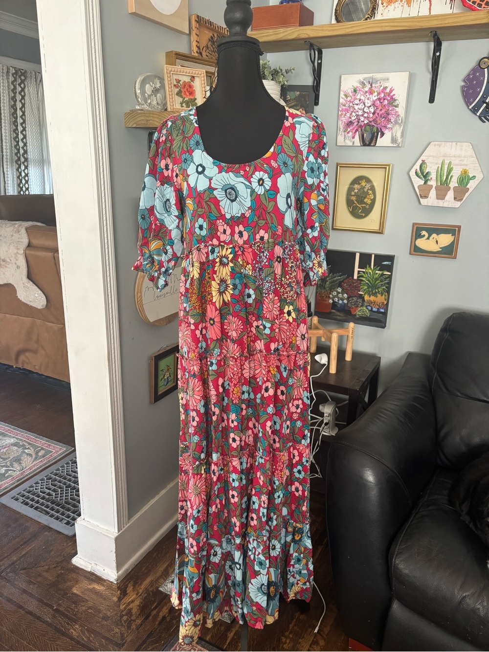 Natural Life Collette tiered blue red floral maxi dress boho size S - Picture 3 of 8